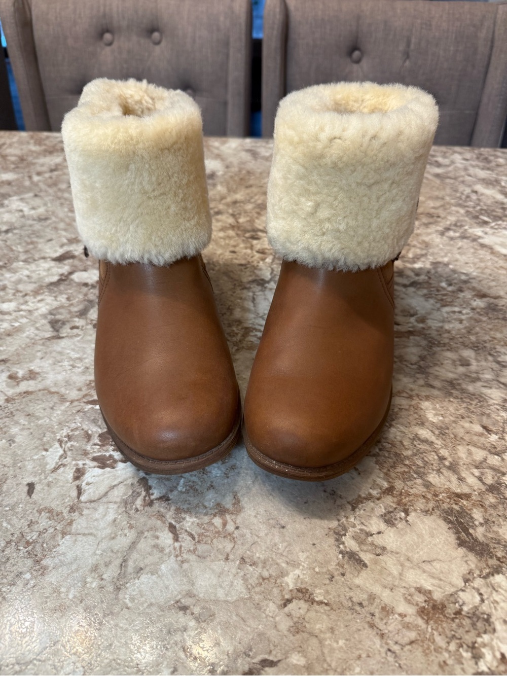 UGG Chestnut Leather Ankle Boots with Cream Shearling Cuff